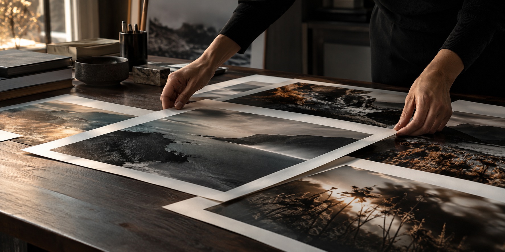 Manos organizando fotografías impresas sobre una mesa editorial