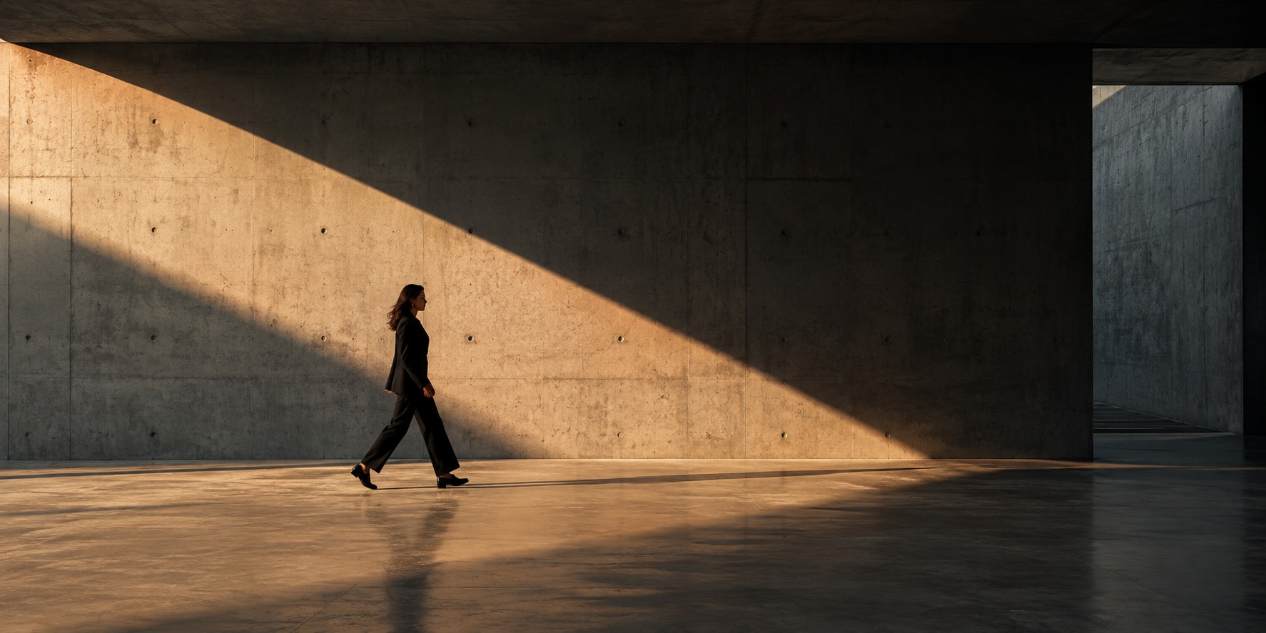 Persona caminando en un corredor de concreto iluminado por el sol